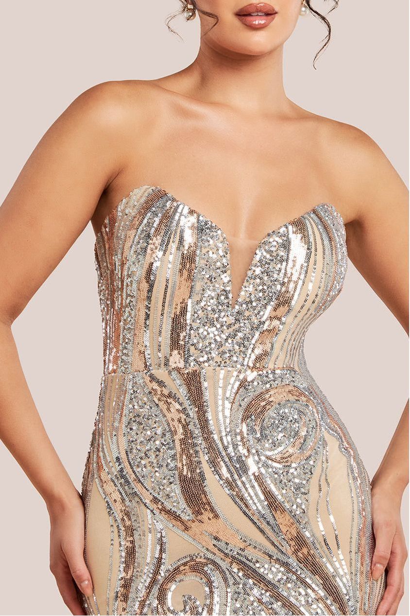 Strapless Multi Sequin Maxi Dress - Champagne DR4566