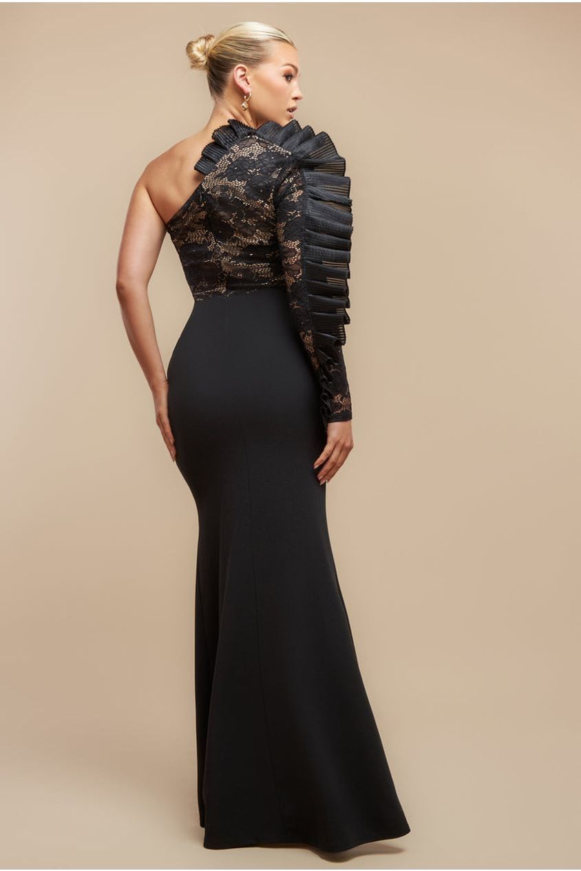 One Shoulder Organza  Fan Detail Lace Bodice Maxi Dress - Black DR4577
