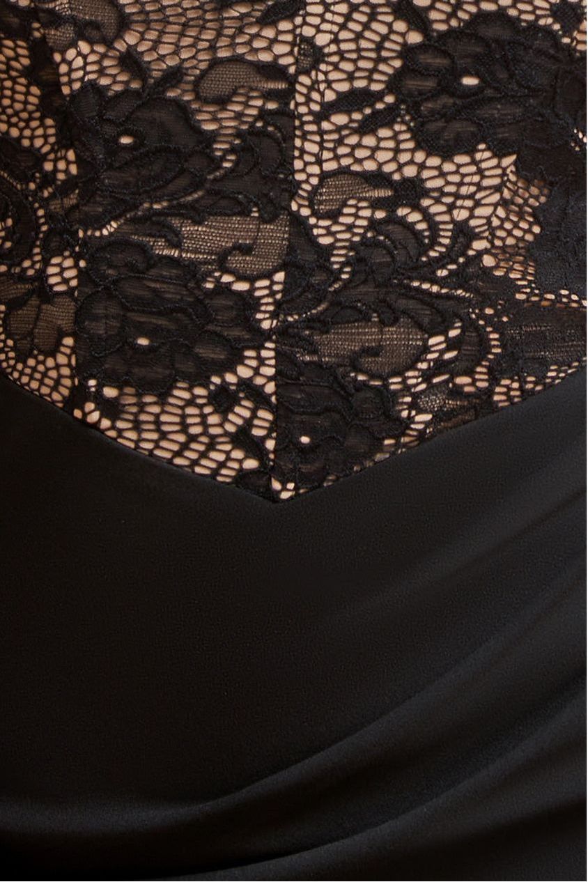 One Shoulder Organza  Fan Detail Lace Bodice Maxi Dress - Black DR4577