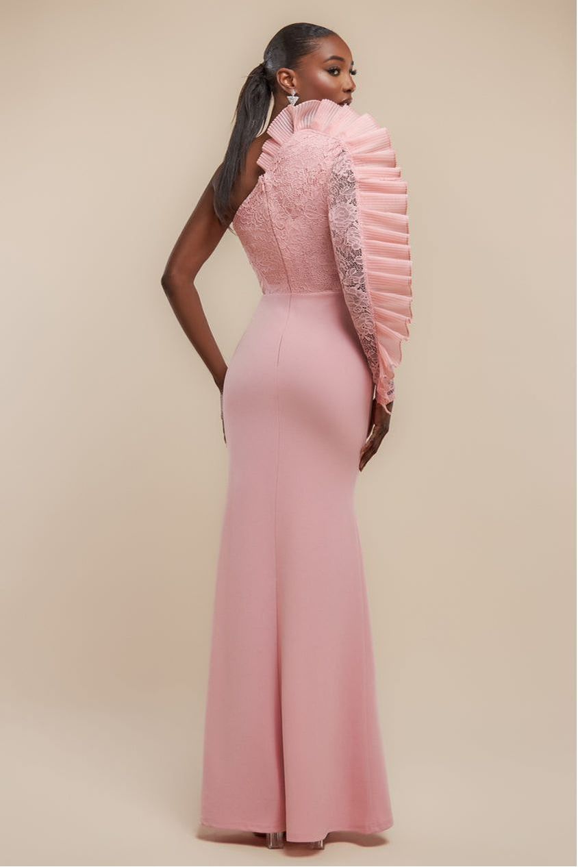 One Shoulder Organza  Fan Detail Lace Bodice Maxi Dress - Blush Pink DR4577