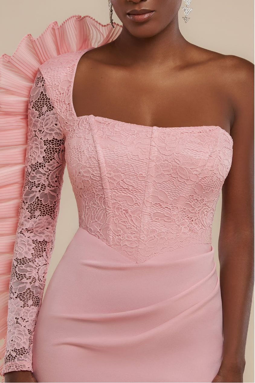 One Shoulder Organza  Fan Detail Lace Bodice Maxi Dress - Blush Pink DR4577