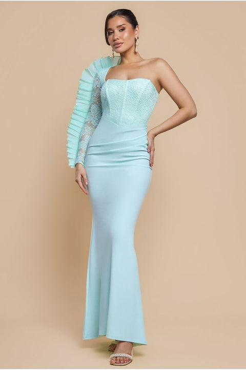 One Shoulder Organza  Fan Detail Lace Bodice Maxi Dress - Mint Green by Goddiva