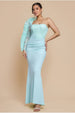 One Shoulder Organza  Fan Detail Lace Bodice Maxi Dress - Mint Green by Goddiva