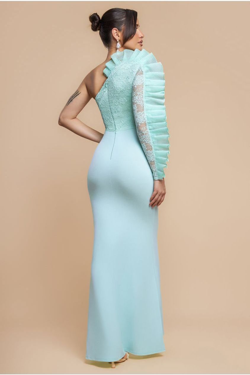 One Shoulder Organza  Fan Detail Lace Bodice Maxi Dress - Mint Green DR4577