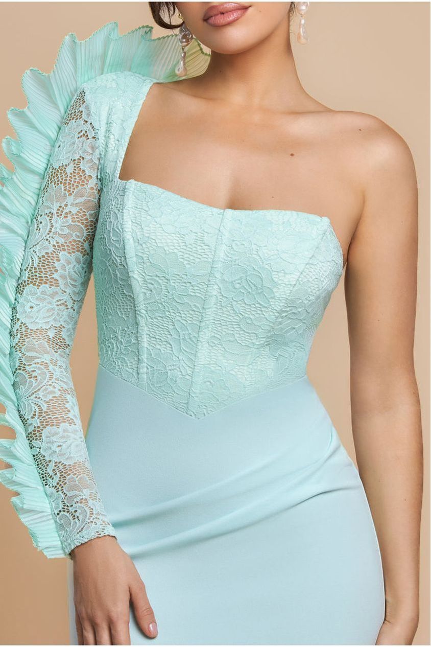 One Shoulder Organza  Fan Detail Lace Bodice Maxi Dress - Mint Green DR4577