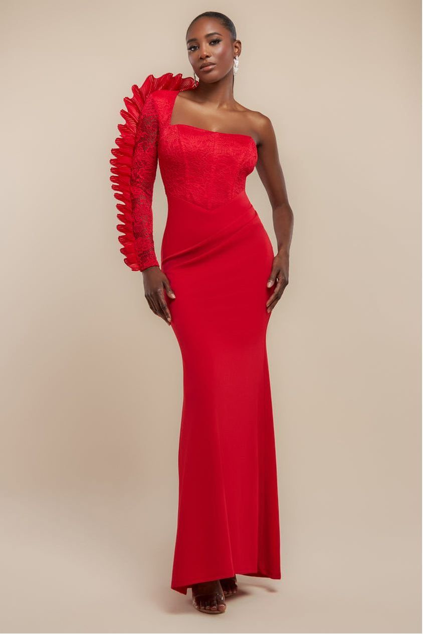 One Shoulder Organza  Fan Detail Lace Bodice Maxi Dress - Red DR4577