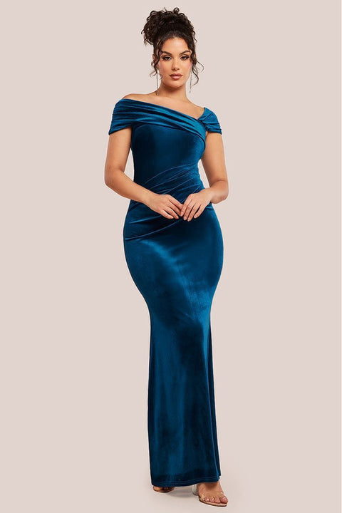 One Shoulder Velvet Maxi Dress - Teal by Goddiva