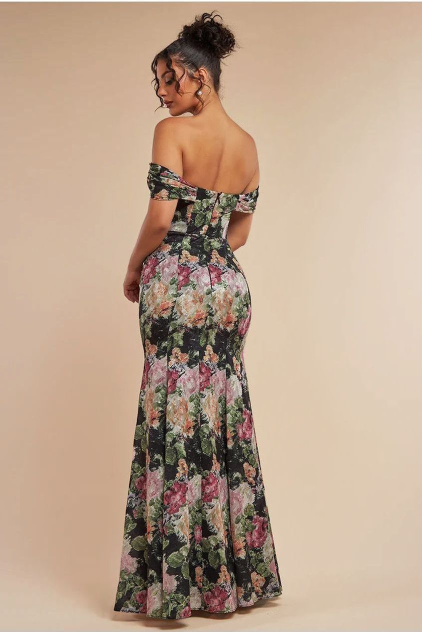 Cowl Neck Floral Print Jacquard Chiffon Maxi Dress - Black DR4583
