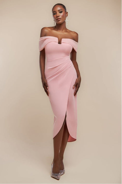 Off The Shoulder Chiffon Wing Scuba Crepe Midi Dress - Blush Pink by Goddiva