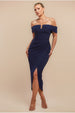 Off The Shoulder Chiffon Wing Scuba Crepe Midi Dress - Navy Blue by Goddiva