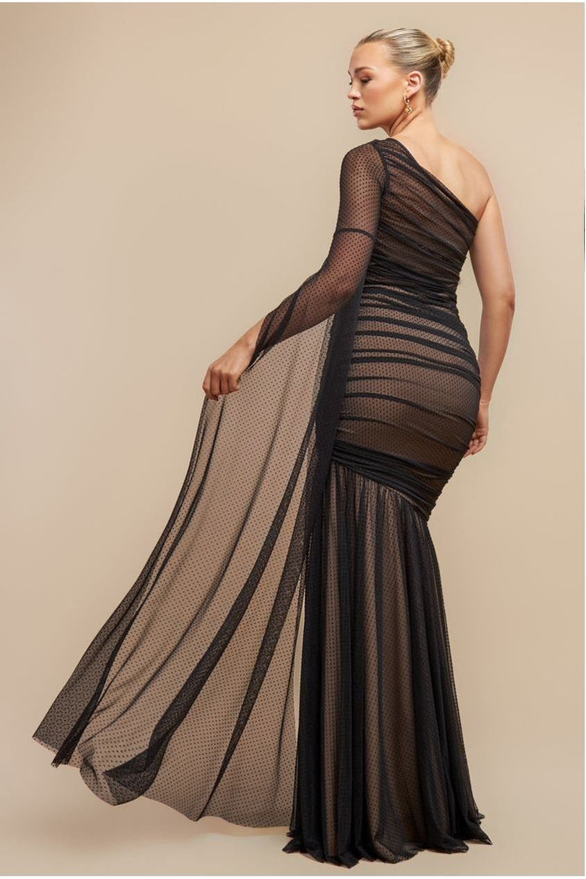 Gathered One Sleeve Angel Wing Mermaid Maxi Dress - Black DR4593