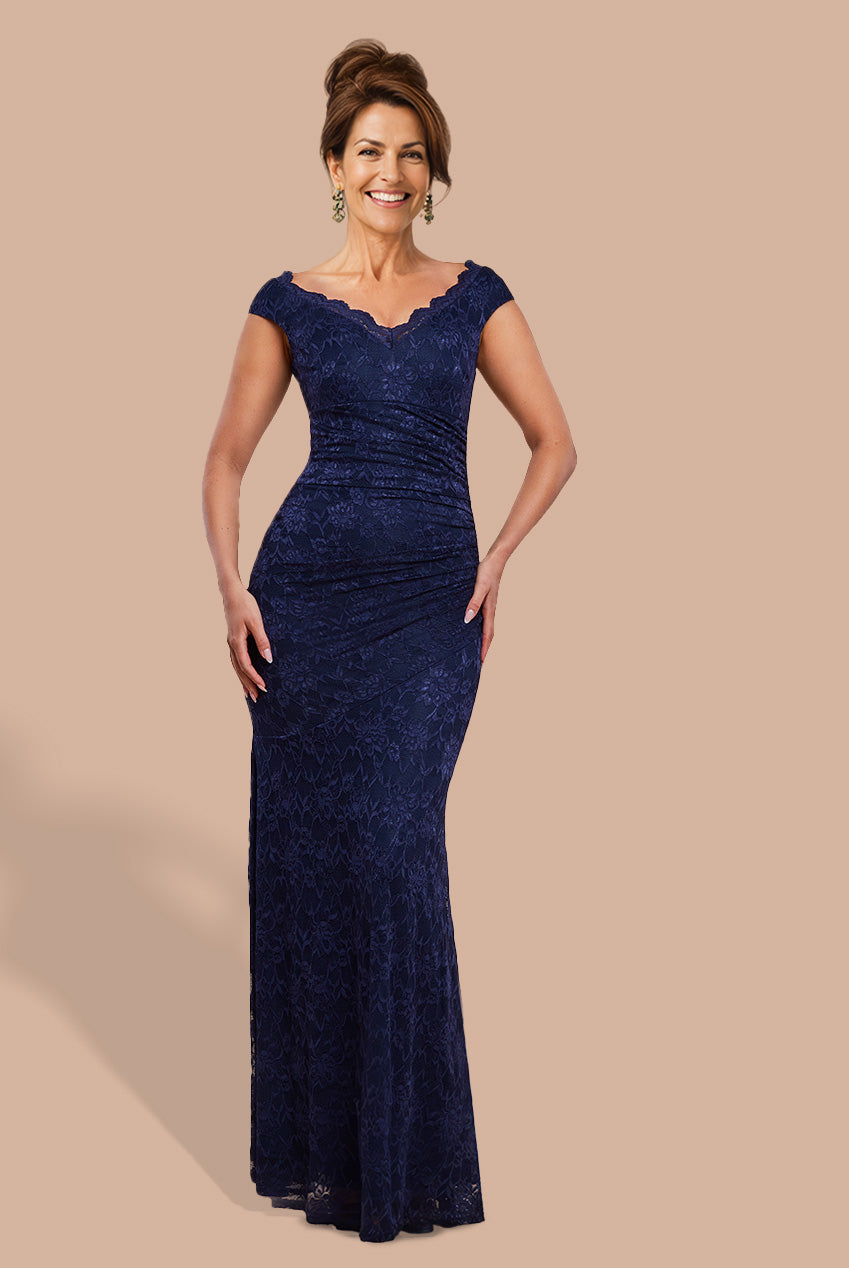 Off The Shoulder Scalloped Neck Maxi Dress - Navy Blue DR4600M