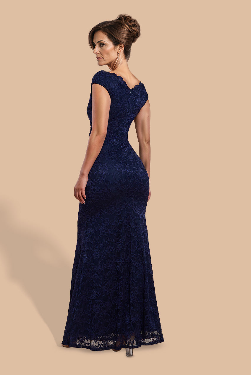 Off The Shoulder Scalloped Neck Maxi Dress - Navy Blue DR4600M