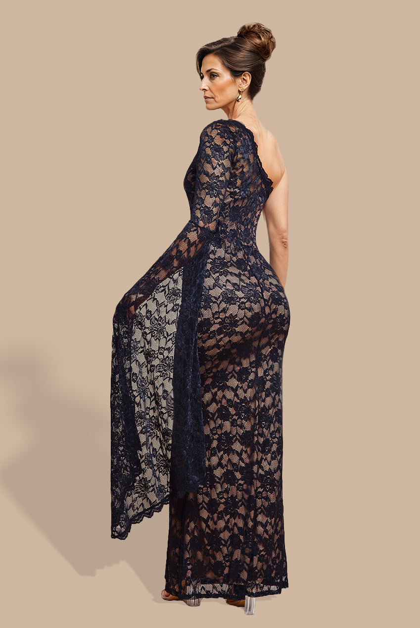 One Shoulder Scalloped Neck Maxi Dress - Black DR4601M