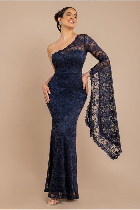 One Shoulder Scalloped Neck Maxi Dress - Navy Blue by Goddiva