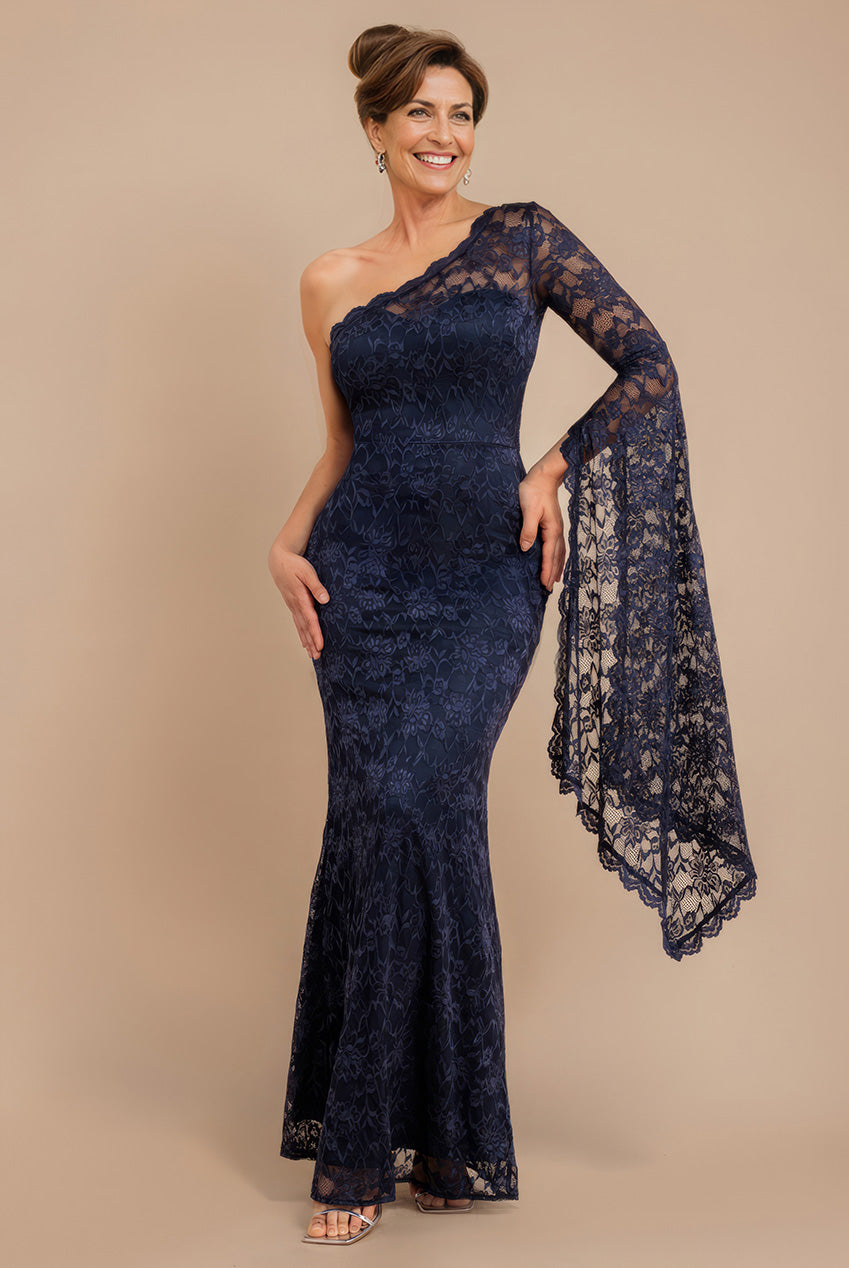 One Shoulder Scalloped Neck Maxi Dress - Navy Blue DR4601M