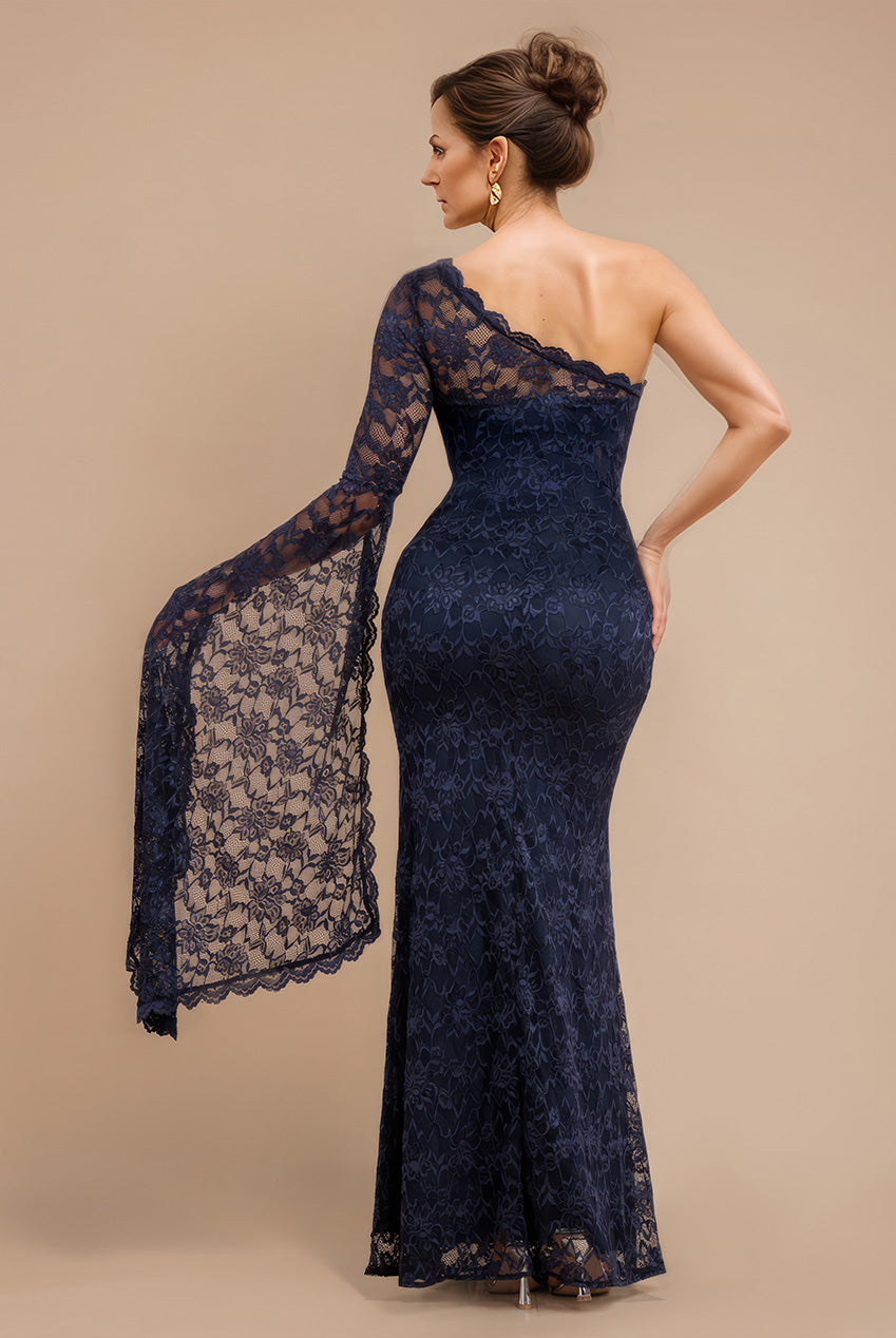 One Shoulder Scalloped Neck Maxi Dress - Navy Blue DR4601M