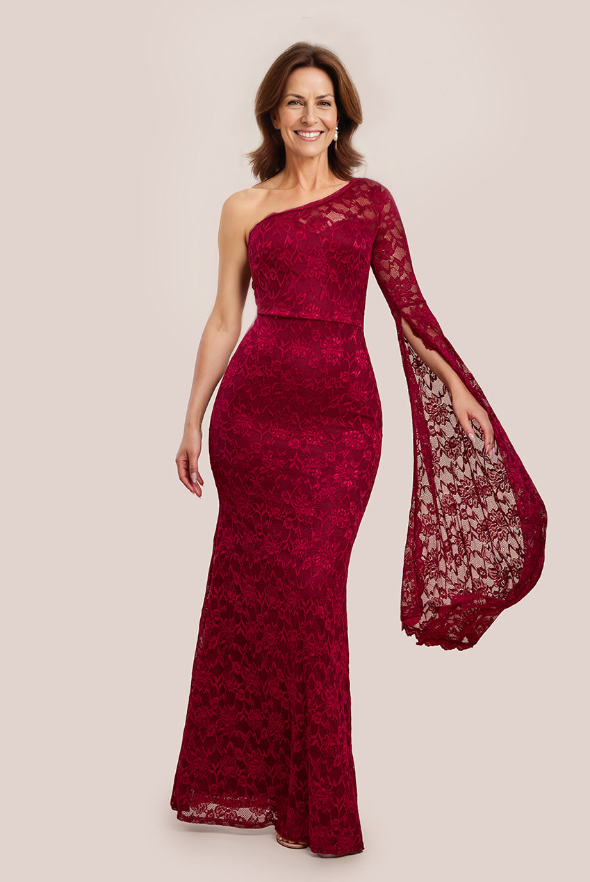 One Shoulder Scalloped Neck Maxi Dress - Wine DR4601M