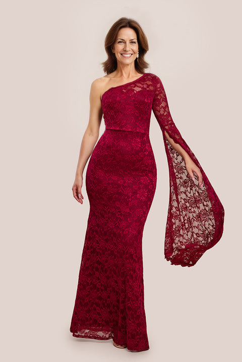 One Shoulder Scalloped Neck Maxi Dress - Wine by Goddiva