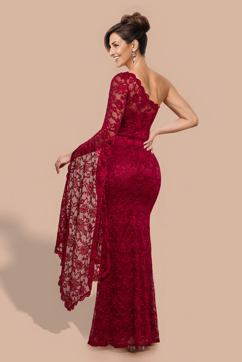 One Shoulder Scalloped Neck Maxi Dress - Wine DR4601M
