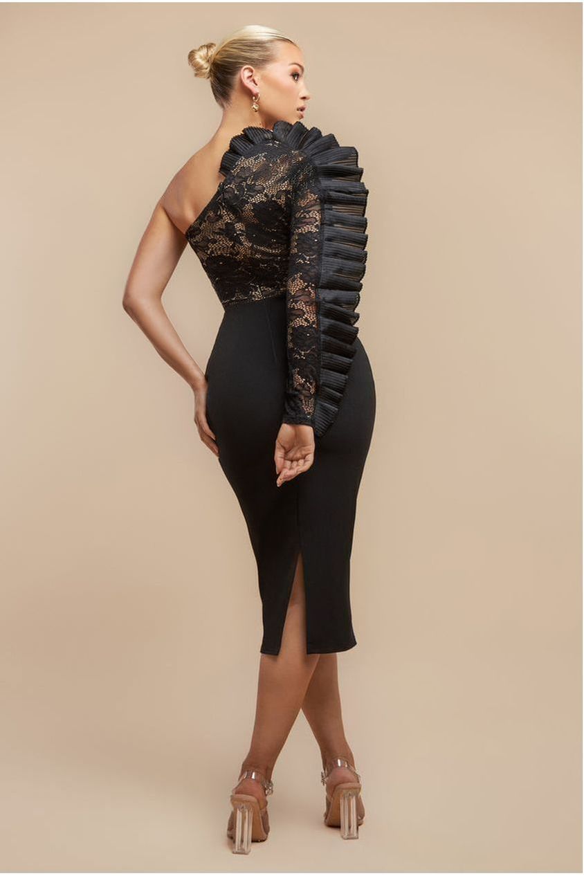 One Shoulder Organza  Fan Detail Lace Bodice Midi Dress - Black DR4607