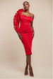 One Shoulder Organza  Fan Detail Lace Bodice Midi Dress - Red by Goddiva