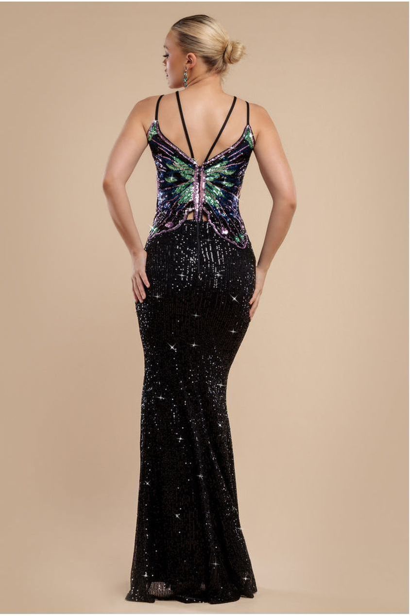 Sequin Butterfly Front Split Maxi Dress - Black DR4609