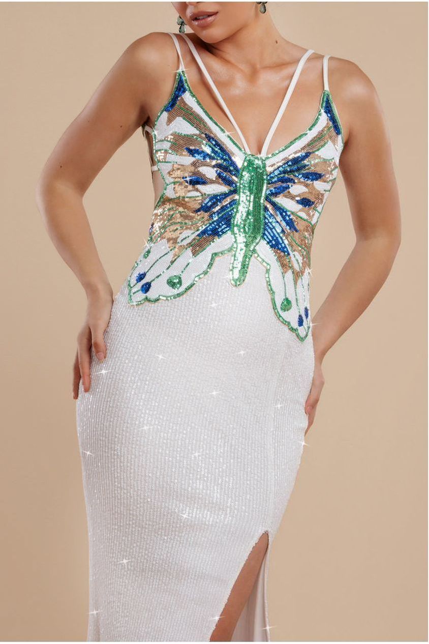 Sequin Butterfly Front Split Maxi Dress - White DR4609