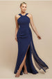 Halterneck Thigh Split Chiffon Maxi Dress - Navy Blue by Goddiva