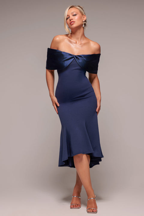 Twist Knot Satin & Scuba Bardot High Low Midi Dress - Navy Blue by Goddiva