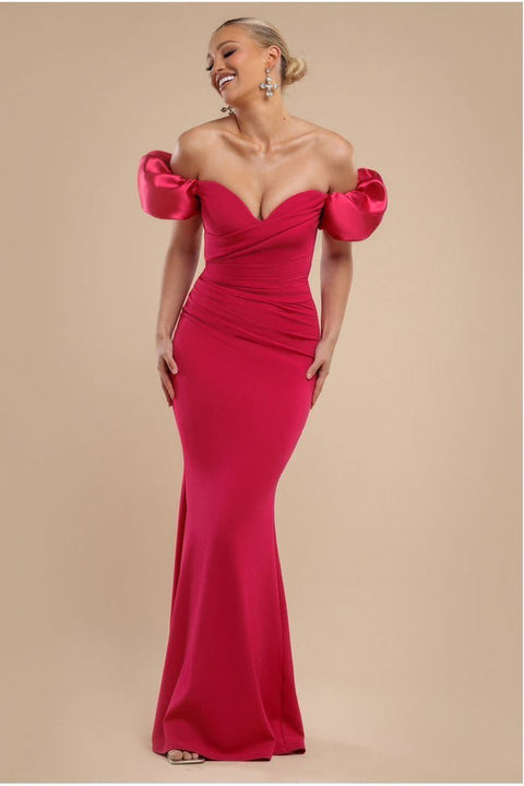 Puffy Satin  Sleeve Scuba Maxi Dress - Magenta by Goddiva