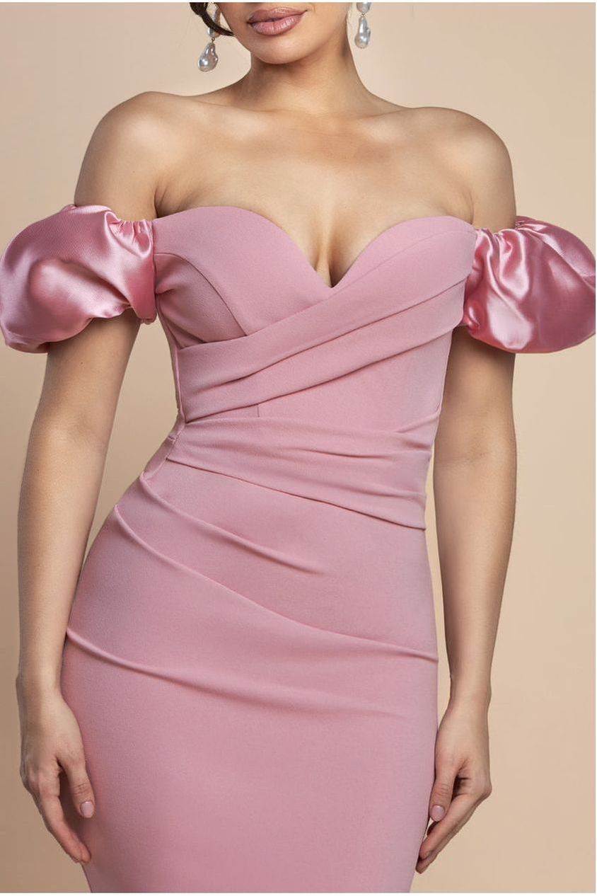 Puffy Satin  Sleeve Scuba Maxi Dress - Blush Pink DR4622