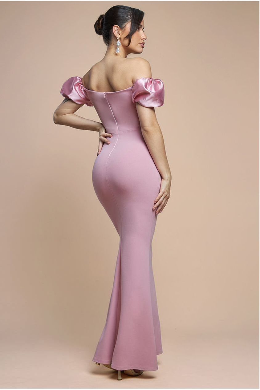 Puffy Satin  Sleeve Scuba Maxi Dress - Blush Pink DR4622