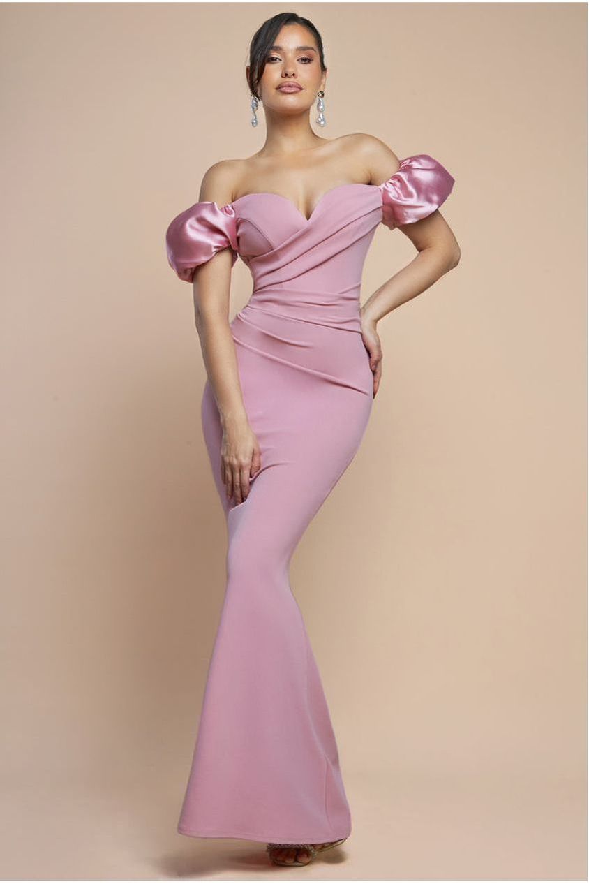 Puffy Satin  Sleeve Scuba Maxi Dress - Blush Pink DR4622
