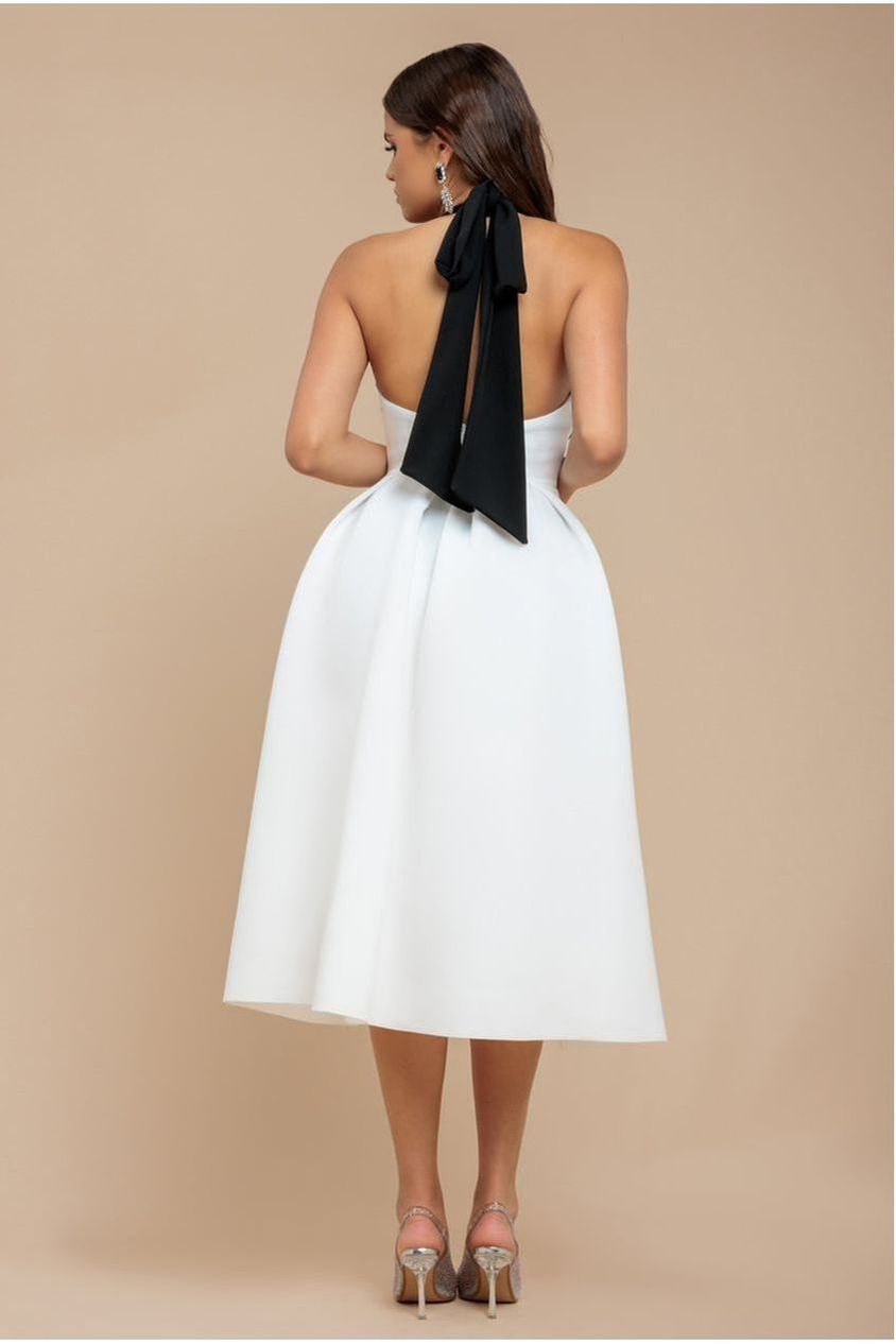Contrast  Halter Neck Pleated A-Line Midaxi Dress - Black Cream DR4630