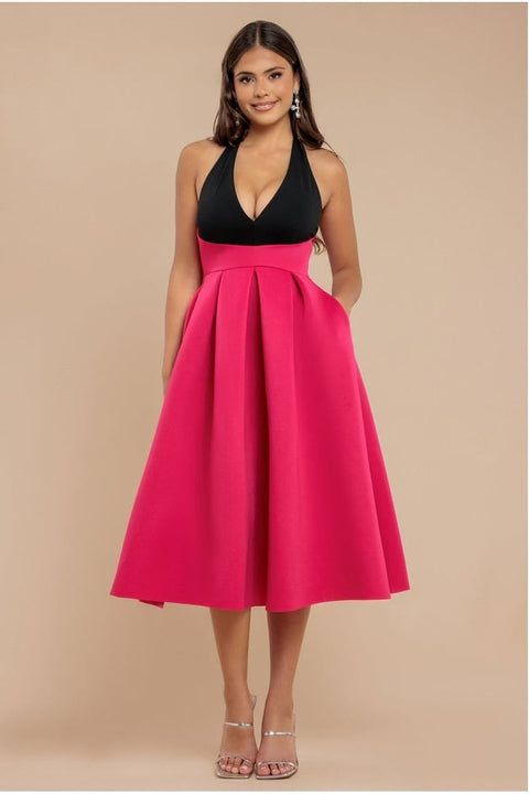 Contrast  Halter Neck Pleated A-Line Midaxi Dress - Black Magenta by Goddiva