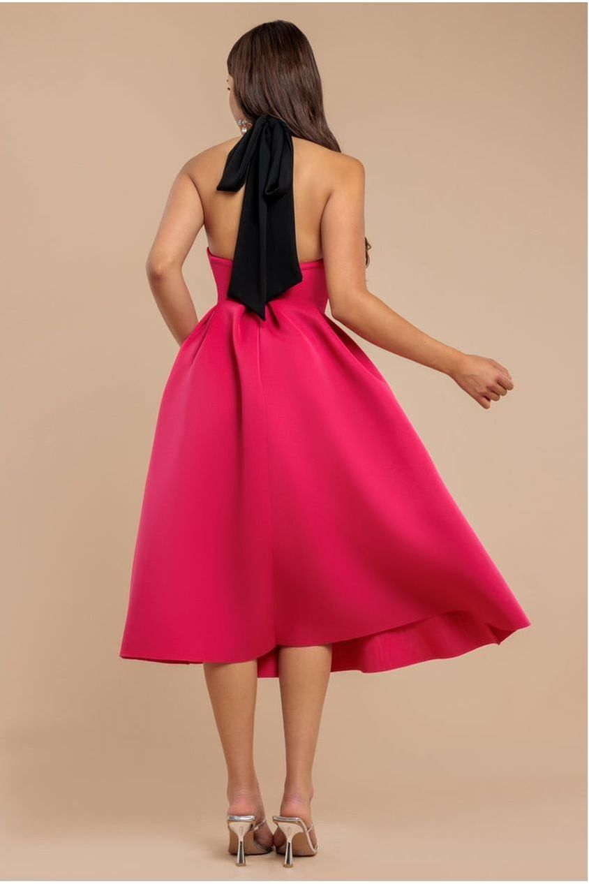 Contrast  Halter Neck Pleated A-Line Midaxi Dress - Black Magenta DR4630