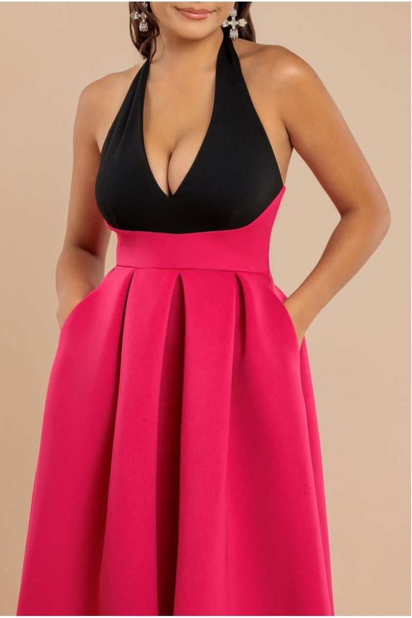 Contrast  Halter Neck Pleated A-Line Midaxi Dress - Black Magenta DR4630