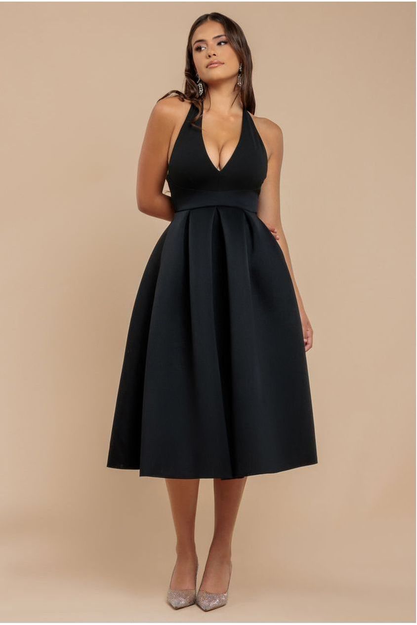 Halter Neck Pleated A-Line Midaxi Dress - Black DR4630