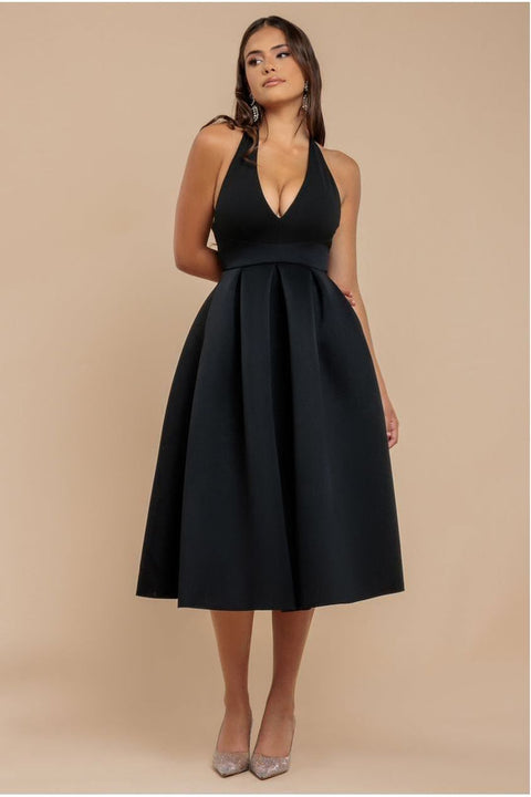 Halter Neck Pleated A-Line Midaxi Dress - Black by Goddiva