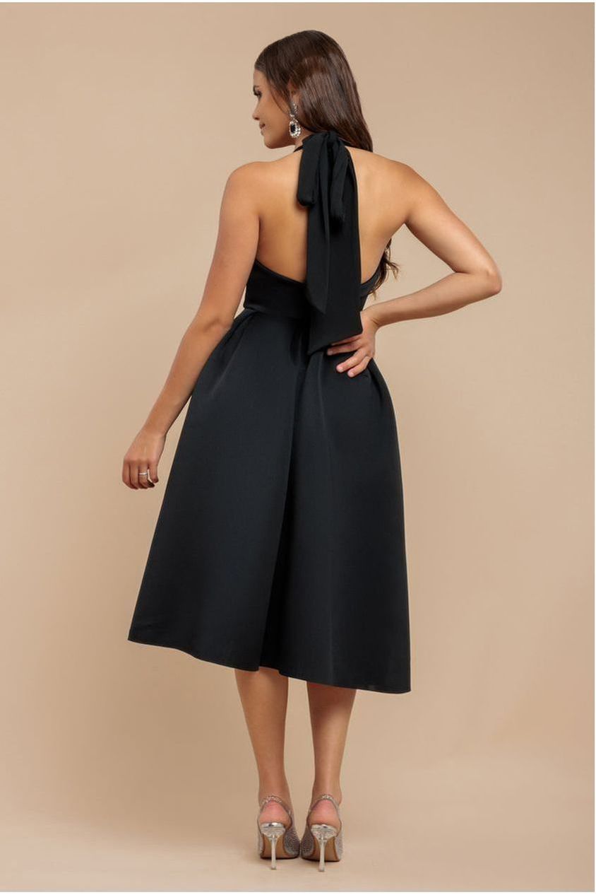 Halter Neck Pleated A-Line Midaxi Dress - Black DR4630