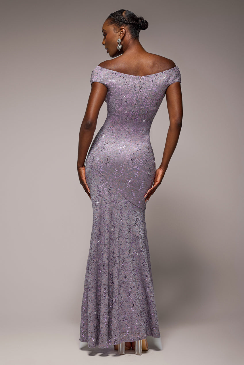 Cowl Neck Sequin Lace Maxi Dress - Dusky Purple DR4644