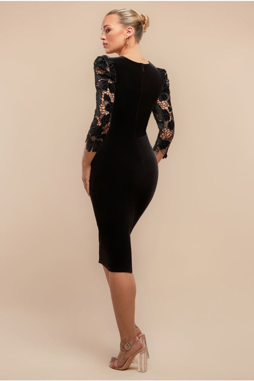 Scalloped Crochet & Velvet Midi Dress - Black DR4652