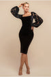 Square Neck Scalloped Crochet Sleeve Velvet Midi Dress - Black by Goddiva