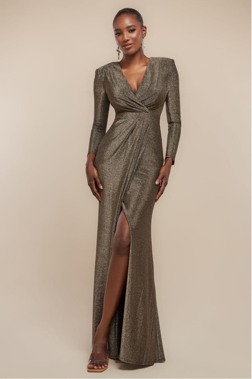 Front Wrap Lurex Bodycon Maxi Dress - Gold DR4657