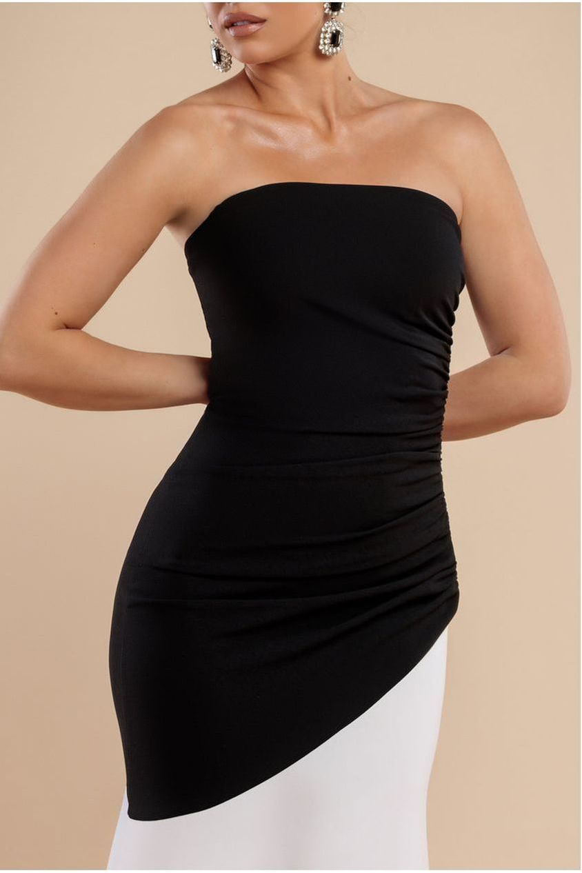 Sleeveless Mermaid Hem Monochrome Contrast Maxi Dress- Black Cream DR4668