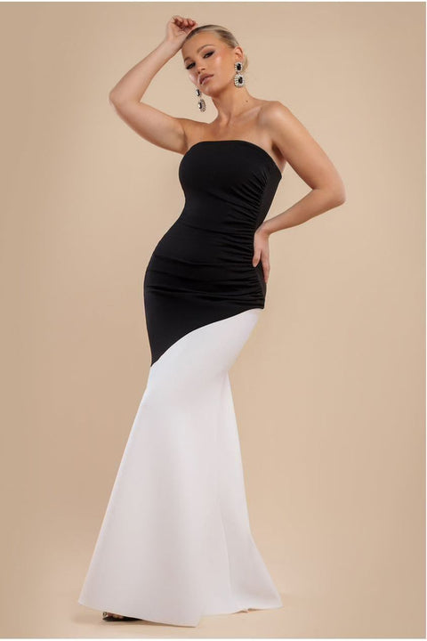 Sleeveless Mermaid Hem Monochrome Contrast Maxi Dress- Black Cream by Goddiva
