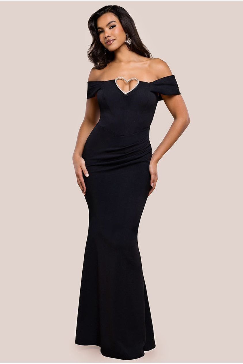 Diamante Heart Trim Evening Maxi Dress - Black DR4674