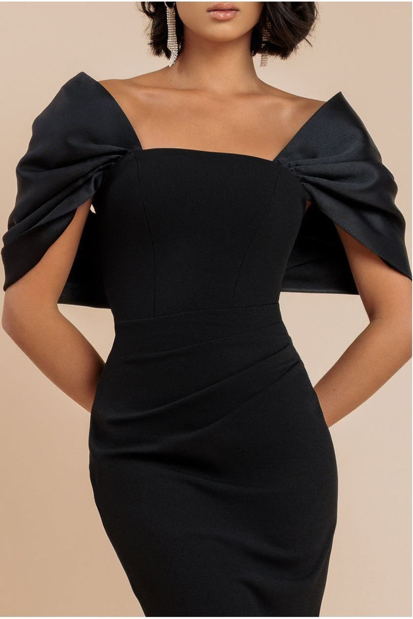 Off Shoulder Back Satin Bow Scuba Maxi Dress - Black DR4708