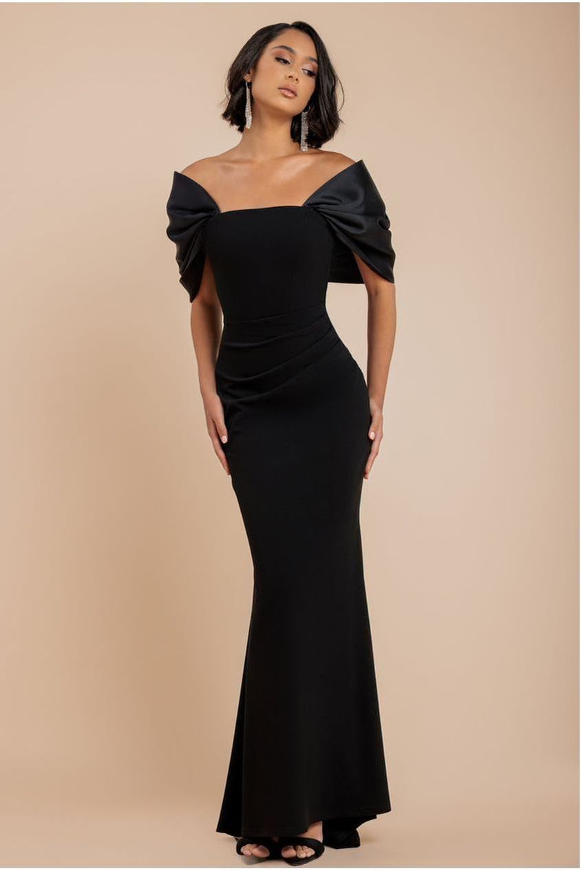 Off Shoulder Back Satin Bow Scuba Maxi Dress - Black DR4708